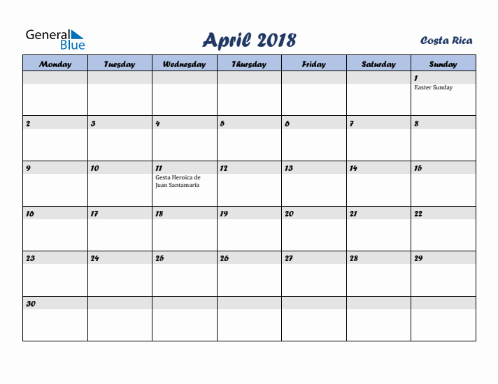 April 2018 Calendar with Holidays in Costa Rica