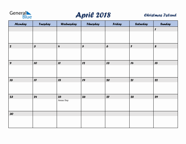 April 2018 Calendar with Holidays in Christmas Island