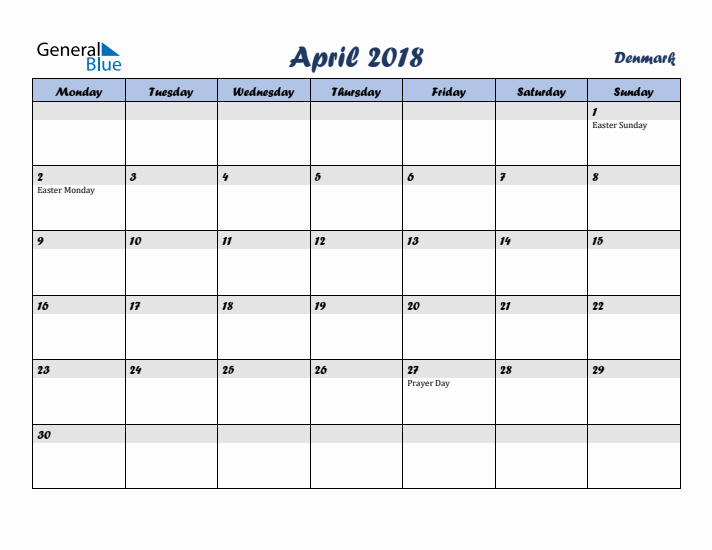 April 2018 Calendar with Holidays in Denmark