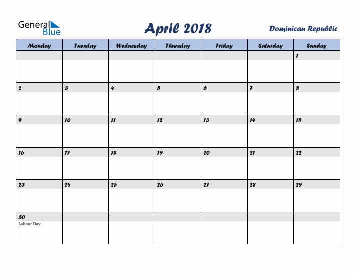 April 2018 Calendar with Holidays in Dominican Republic