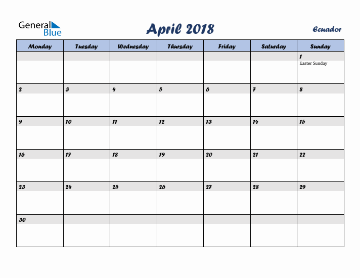 April 2018 Calendar with Holidays in Ecuador