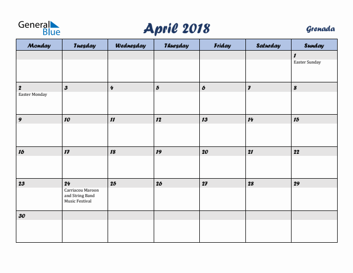 April 2018 Calendar with Holidays in Grenada