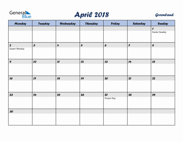 April 2018 Calendar with Holidays in Greenland