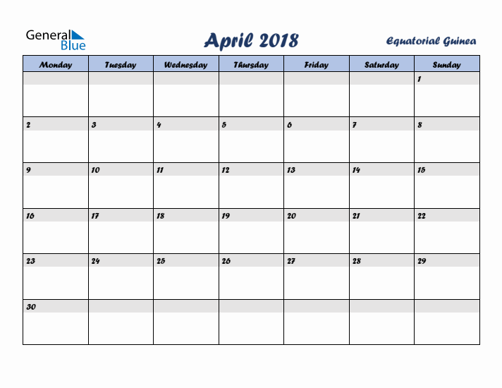 April 2018 Calendar with Holidays in Equatorial Guinea