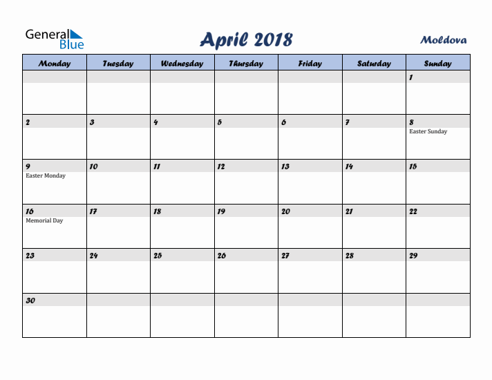 April 2018 Calendar with Holidays in Moldova