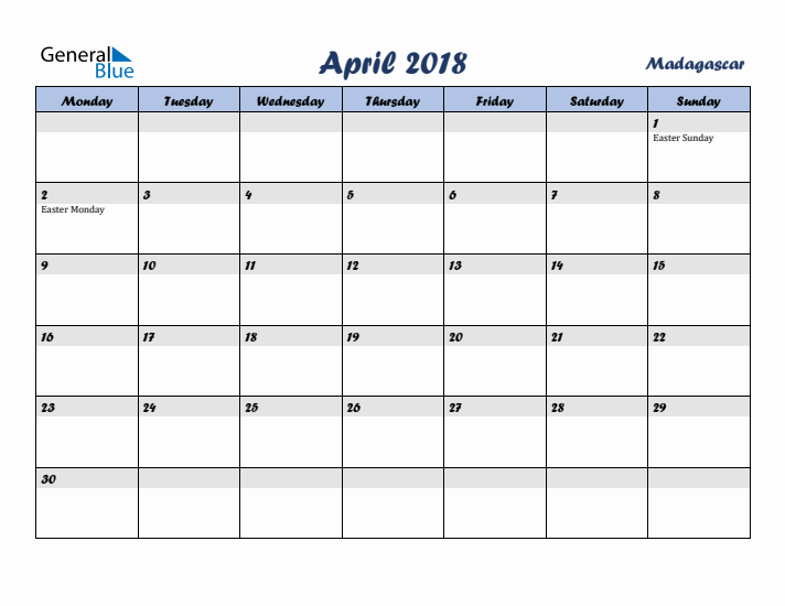 April 2018 Calendar with Holidays in Madagascar