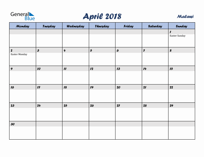 April 2018 Calendar with Holidays in Malawi