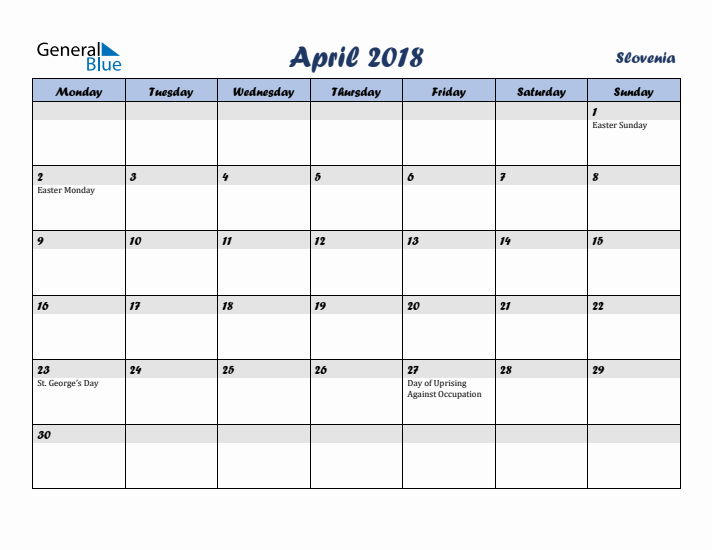 April 2018 Calendar with Holidays in Slovenia