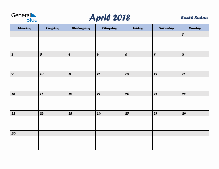 April 2018 Calendar with Holidays in South Sudan