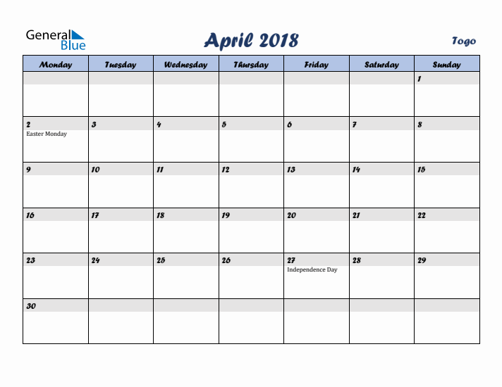 April 2018 Calendar with Holidays in Togo