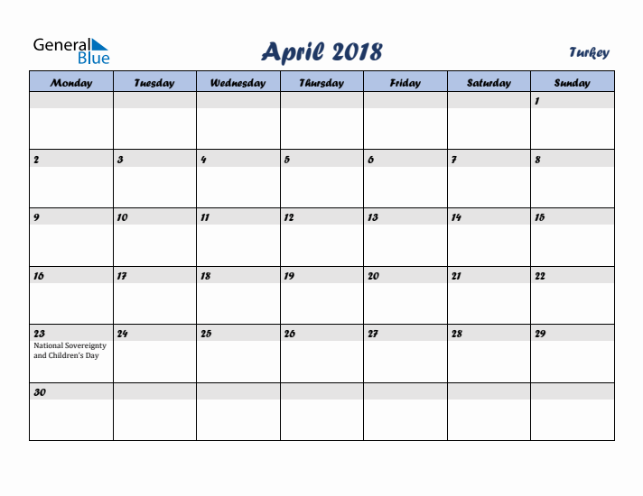 April 2018 Calendar with Holidays in Turkey