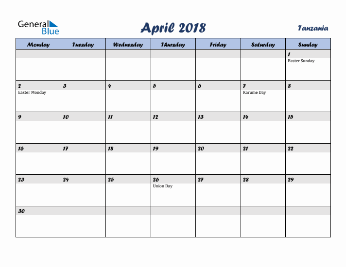 April 2018 Calendar with Holidays in Tanzania