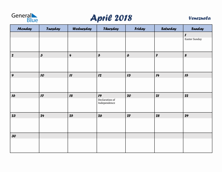 April 2018 Calendar with Holidays in Venezuela