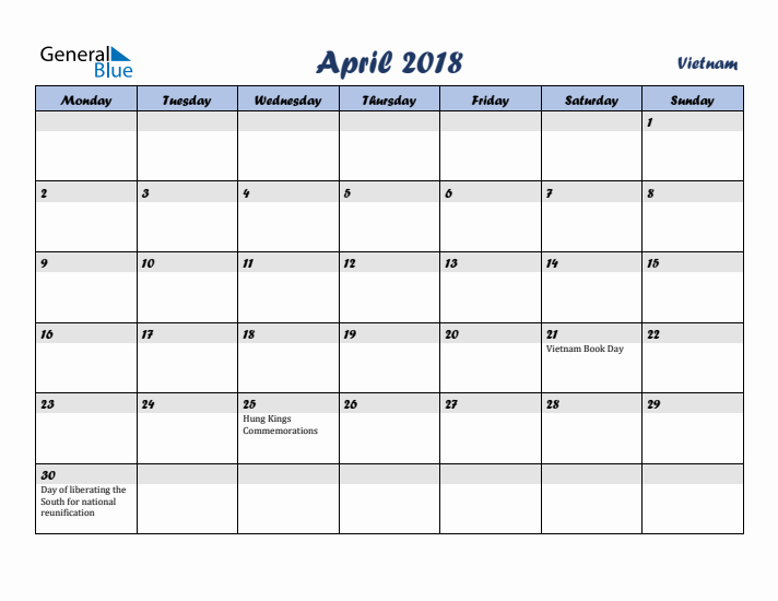 April 2018 Calendar with Holidays in Vietnam