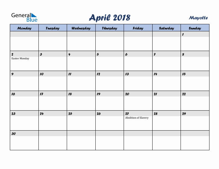 April 2018 Calendar with Holidays in Mayotte