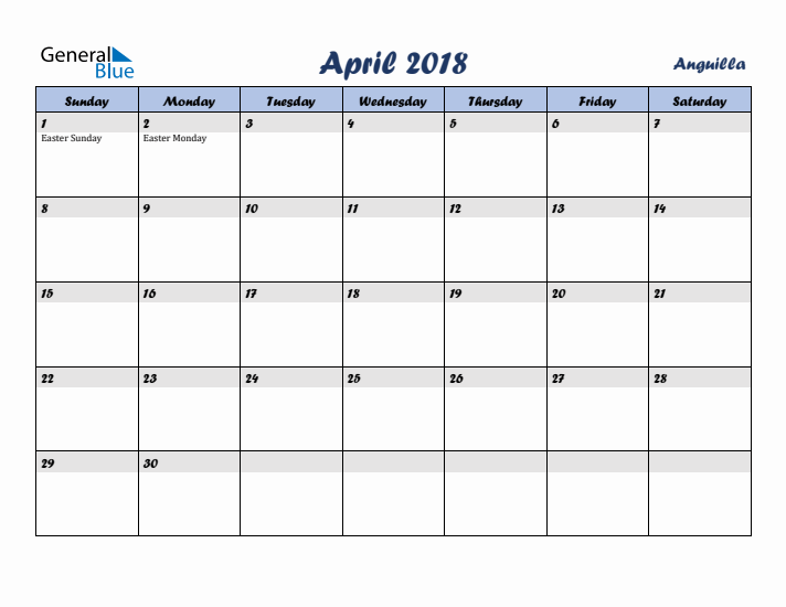 April 2018 Calendar with Holidays in Anguilla