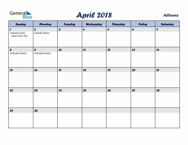 April 2018 Calendar with Holidays in Albania