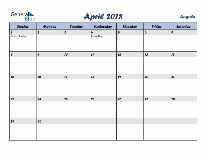 April 2018 Calendar with Holidays in Angola