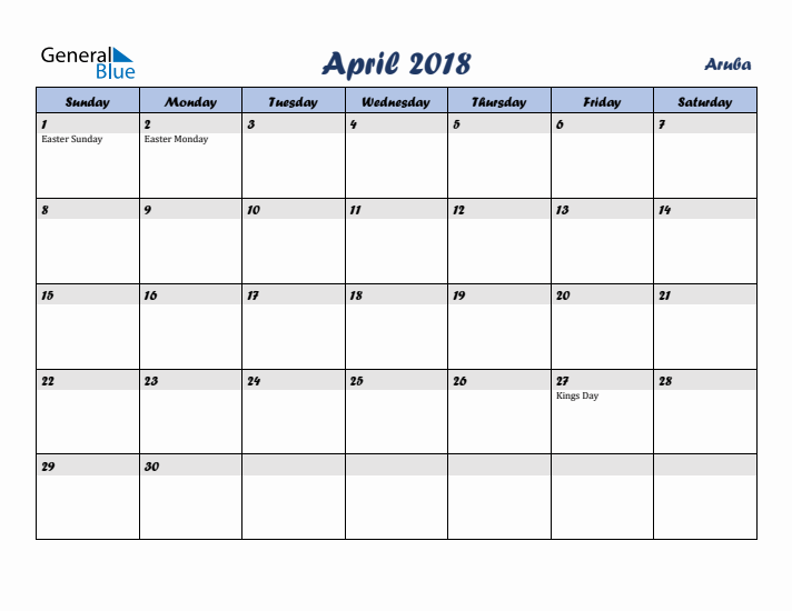 April 2018 Calendar with Holidays in Aruba