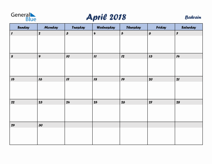 April 2018 Calendar with Holidays in Bahrain