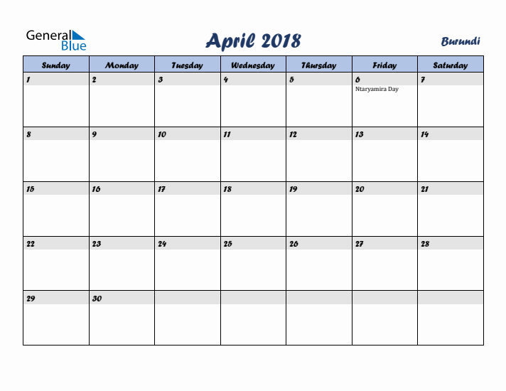 April 2018 Calendar with Holidays in Burundi