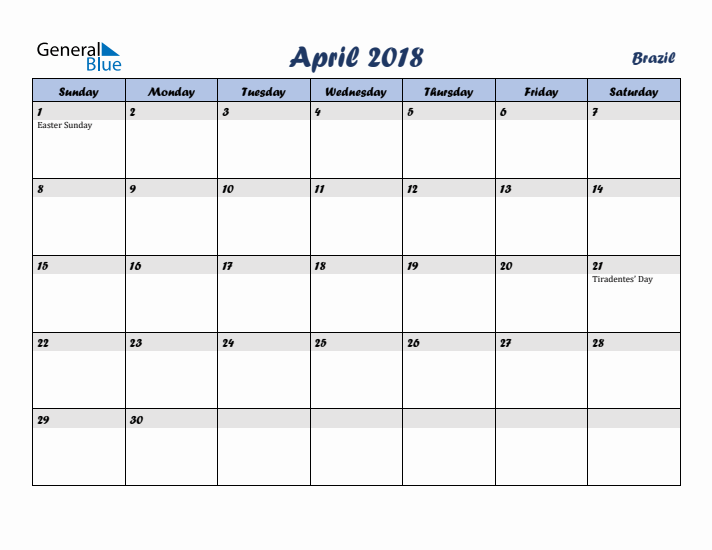 April 2018 Calendar with Holidays in Brazil