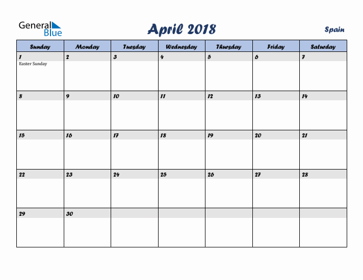 April 2018 Calendar with Holidays in Spain