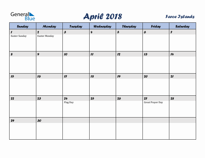 April 2018 Calendar with Holidays in Faroe Islands