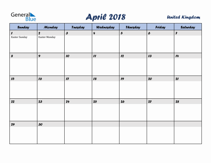 April 2018 Calendar with Holidays in United Kingdom