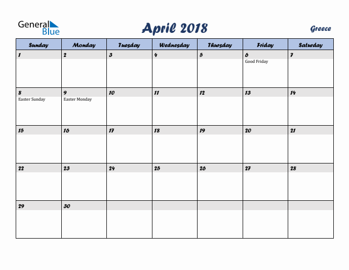 April 2018 Calendar with Holidays in Greece