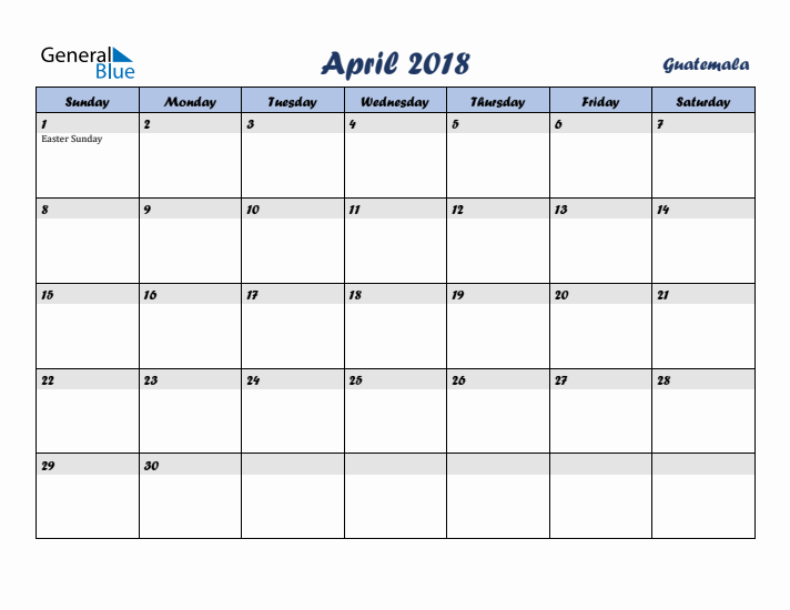 April 2018 Calendar with Holidays in Guatemala