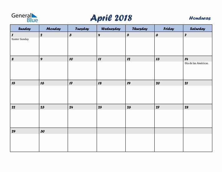 April 2018 Calendar with Holidays in Honduras