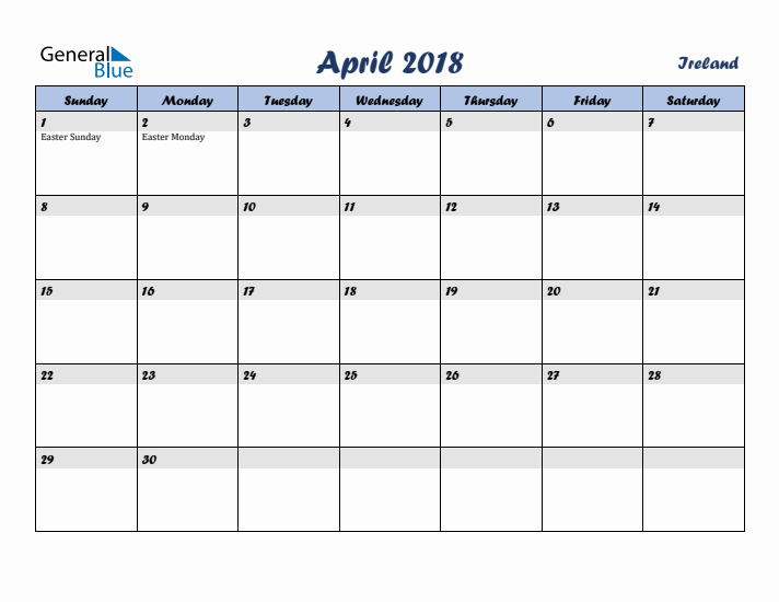 April 2018 Calendar with Holidays in Ireland