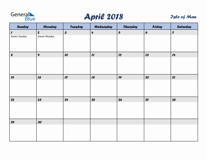 April 2018 Calendar with Holidays in Isle of Man