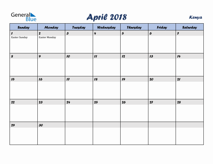 April 2018 Calendar with Holidays in Kenya