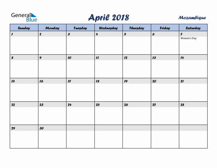 April 2018 Calendar with Holidays in Mozambique