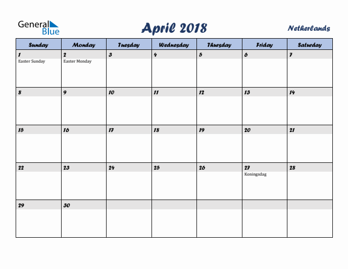 April 2018 Calendar with Holidays in The Netherlands