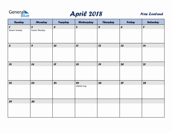 April 2018 Calendar with Holidays in New Zealand