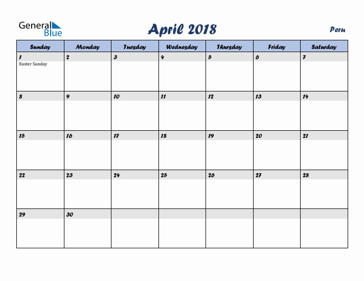 April 2018 Calendar with Holidays in Peru