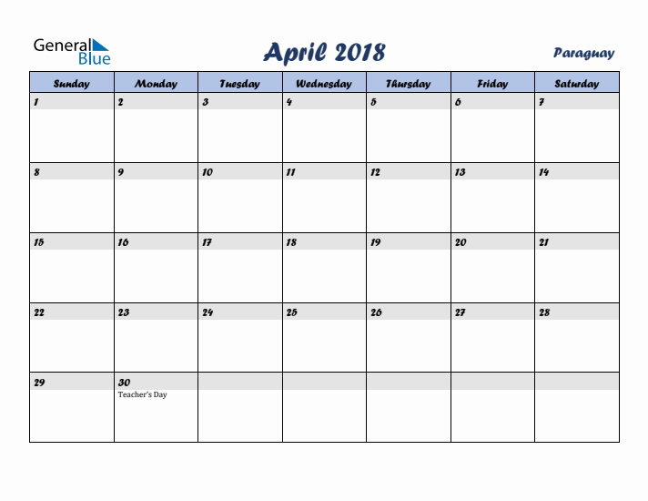 April 2018 Calendar with Holidays in Paraguay