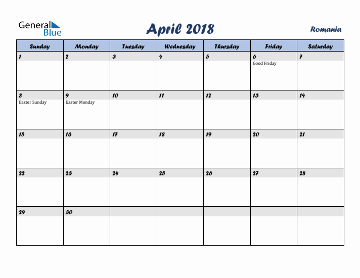 April 2018 Calendar with Holidays in Romania