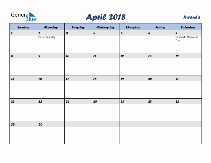 April 2018 Calendar with Holidays in Rwanda