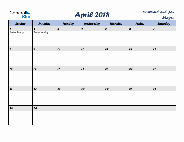 April 2018 Calendar with Holidays in Svalbard and Jan Mayen