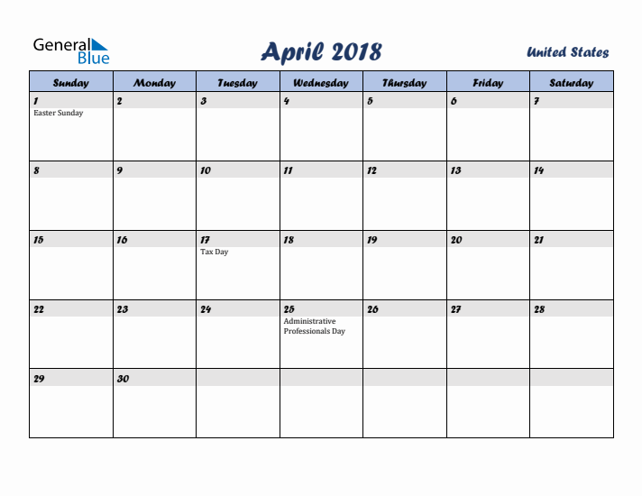 April 2018 Calendar with Holidays in United States