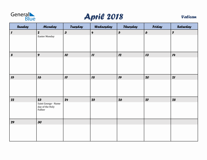 April 2018 Calendar with Holidays in Vatican