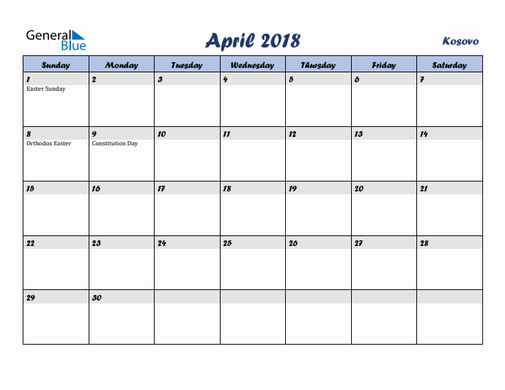 April 2018 Calendar with Holidays in Kosovo