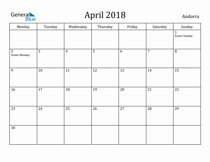 April 2018 Calendar Andorra