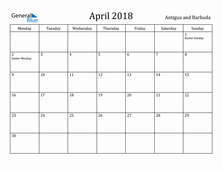 April 2018 Calendar Antigua and Barbuda