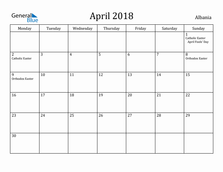 April 2018 Calendar Albania