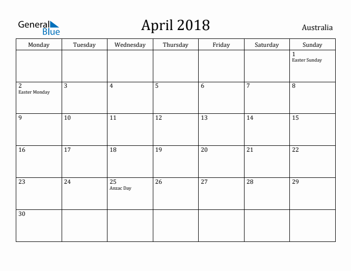 April 2018 Calendar Australia